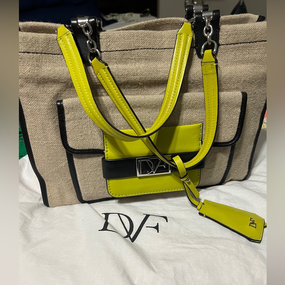 Diane Von Furstenberg Natural Canvas Tote with Lime Green & Black Trim